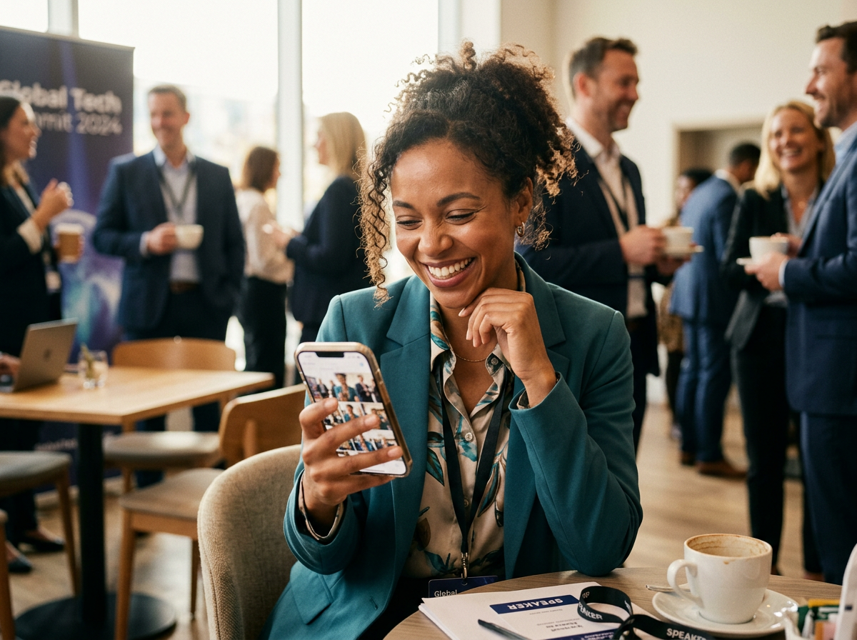 Nöjd deltagare som ser sina eventbilder i mobilen
