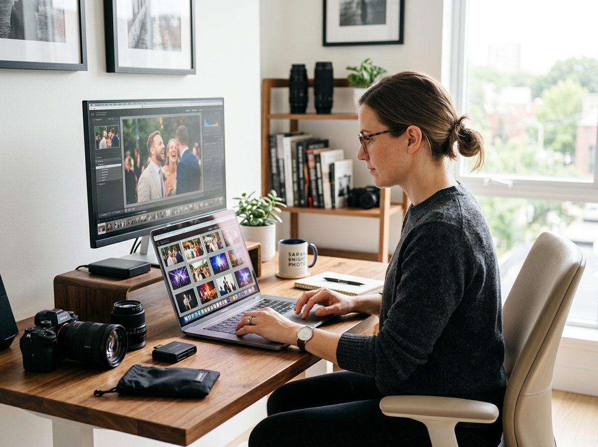 Fotograf som organiserar eventbilder på en laptop